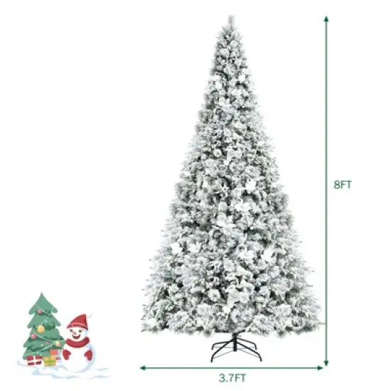 Costway 8ft Snow Flocked Hinged Christmas Tree w/ Berries & Poinsettia Flowers image {4}