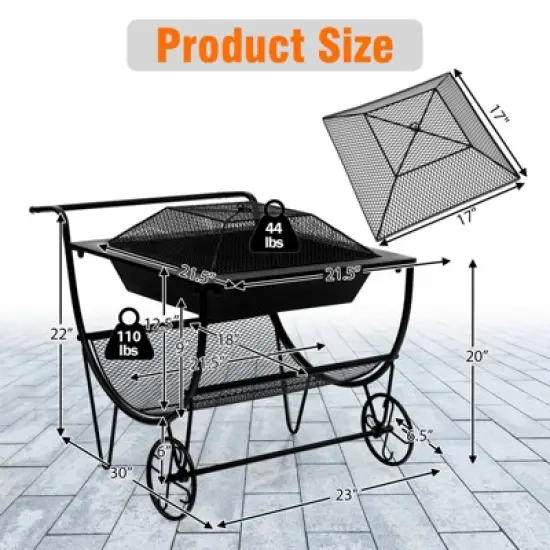 Tangkula 21.5" Fire Pit & Firewood Log Rack Outdoor Square Firepit & Firewood Holder with Spark Screen Rolling Wheels image {4}