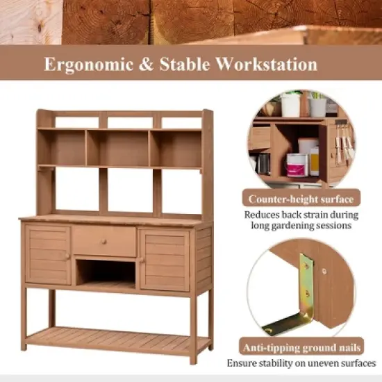 Garden Potting Bench with Hutch, 50.2" Fir Wood Gardening Workstation with Adjustable Shelves, Outdoor Planting Table for Backyard Balcony image {5}