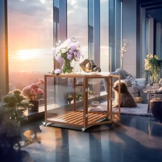 Artloge Modern Extra Large Heavy Duty Dog Crate Tempered Glass Brown Pet Cage with Anti-Rust Aluminum Frame Lockable Casters & Spacious Interior,L image {3}