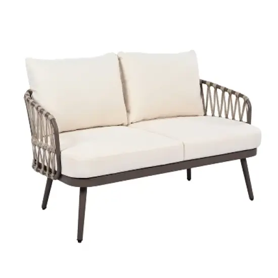 4-Piece Outdoor Patio Conversation Set Metal Frame Chairs with Woven Rope Backrest, Thick Cushions & Acacia Wood Coffee Table - ModernLuxe image {6}