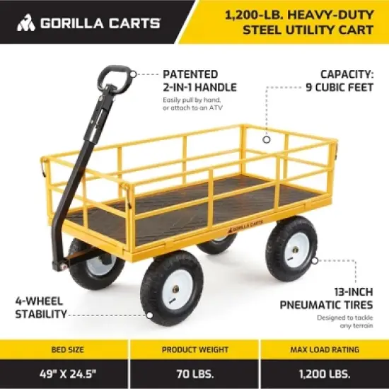 Gorilla Carts Heavy Duty Utility Cart, All Terrain Garden Wheelbarrow Wagon, 1200 Lb, Yellow - Gardening Equipment for Yard, Lawn, and Outdoor Use image {3}