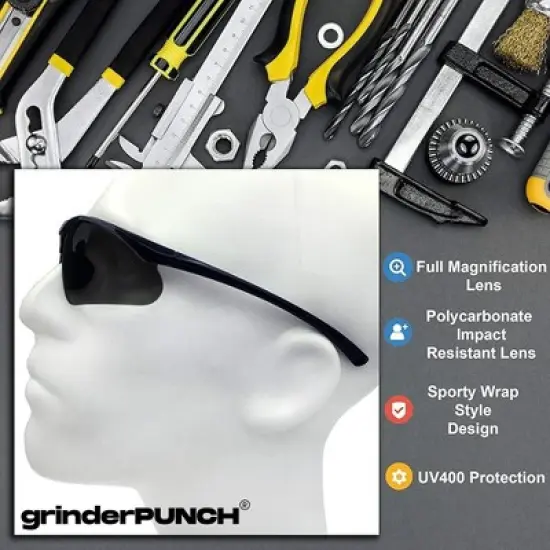 grinderPUNCH Full Lens Magnification Safety Glasses with Black Frame  Clear Lens   Magnifying Reading Eyewear image {1}