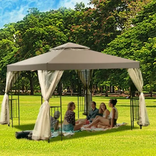 Costway Outdoor 10'x10' Gazebo Canopy Shelter Awning Tent Patio Screw-free structure Garden image {3}