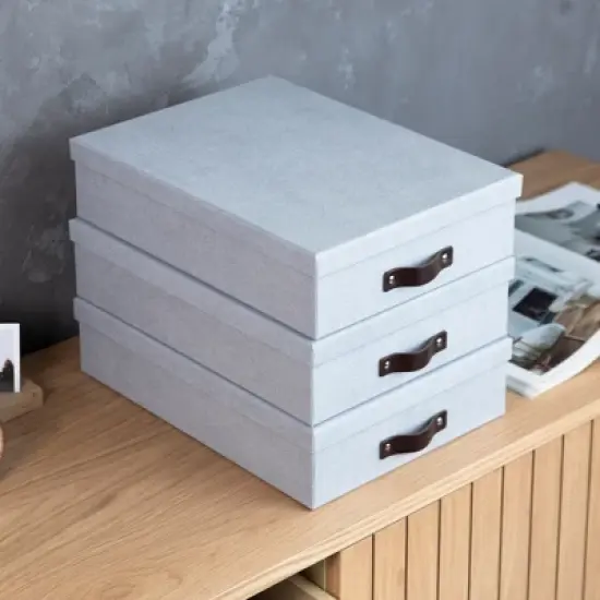 Bigso Oskar Document Letter Box with Lid and Leather Handle &ndash; Canvas Fiberboard File Organizer, 3.3" x 10.2" x 13.8" image {6}