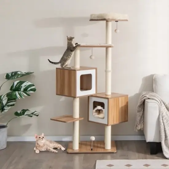 Costway 64.5'' Multi-layer Wooden Cat Tree Indoor Tower Activity Play Center Cat House image {2}