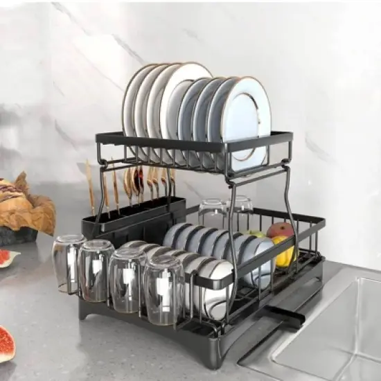 DOMETOUR Tableware Drying Rack Stainless Steel Large Utensil Rack with Rotating Water Outlet Drainage Device for Kitchen Counters image {1}