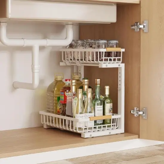 Boersma Adjustable Height 2-Tier Metal Drawer Organizer &ndash; Under Sink Storage Rack with Sliding Baskets for Kitchen, Bathroom, Pantry，Black image {6}