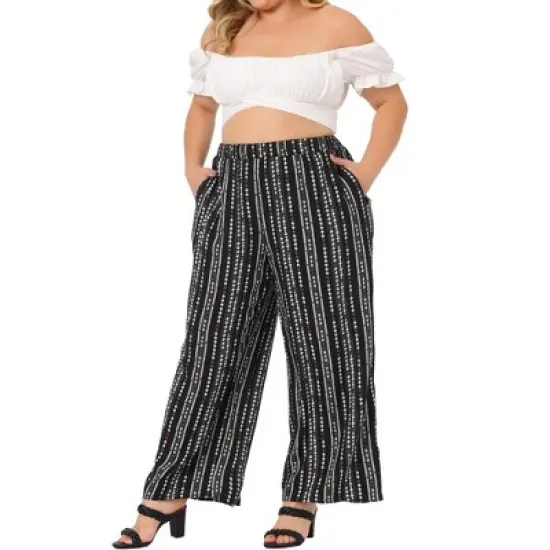 Agnes Orinda Women's Plus Size Boho Palazzo Lounge Wide Leg Pants with Elastic Waist and Stripe image {11}