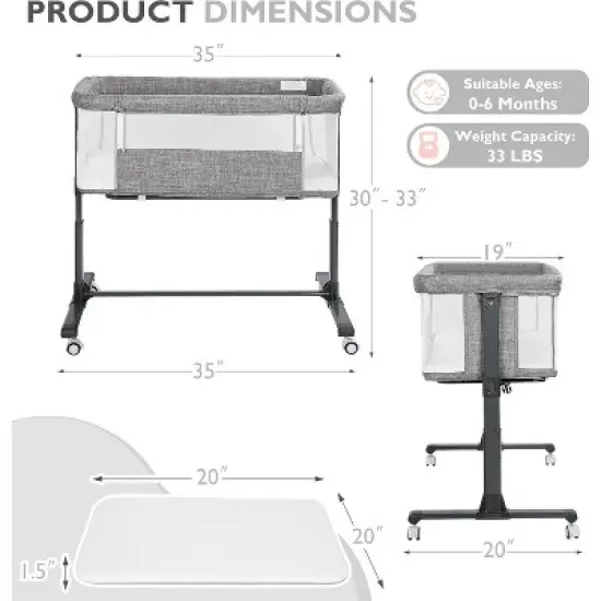 Kinder King Baby Bassinet 2 in 1 Bedside Sleeper,Folding Portable w/Storage Basket All-Sided Mesh 6 Adjustable Height Comfy Mattress image {7}