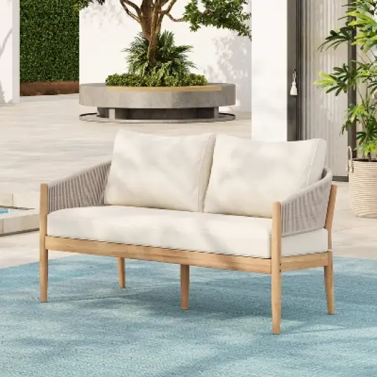 Christopher Knight Home Stuart Modern Patio Acacia Wood Woven Rope Loveseat with Cushion image {10}