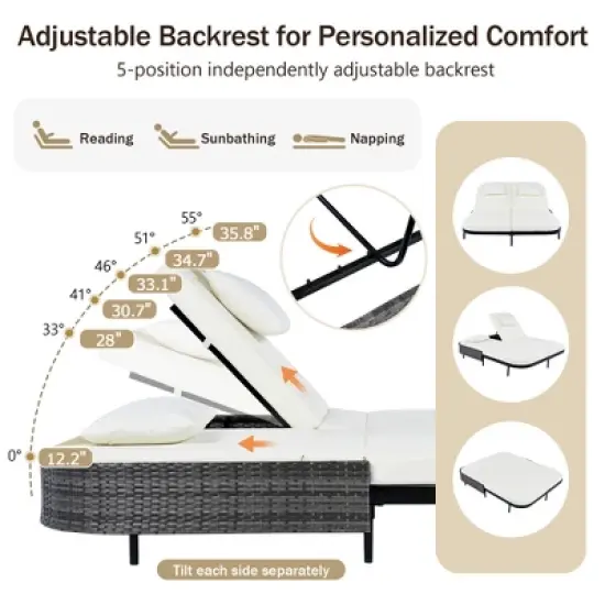Whisen Outdoor Rattan Daybed with Beige Cushion, 5-Position Adjustable Backrest & Removable Pillows image {2}