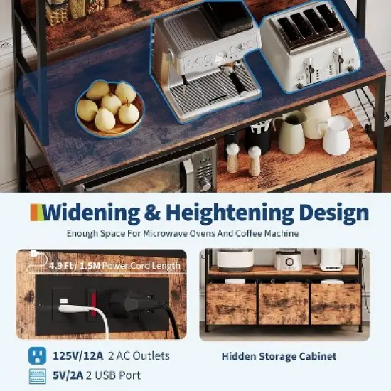 Industrial 5-Tier Bakers Rack with Power Outlet, Microwave Stand with Storage Cabinet & 10 Hooks for Kitchen Organization image {4}
