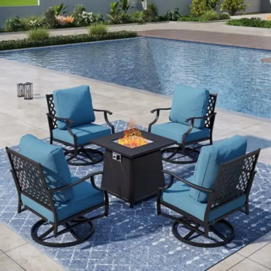 Captiva Designs 5pc Metal Patio Outdoor Conversation Fire Pit Set with Swivel Grid-back Armchairs for Garden, Poolside, Backyard image {10}