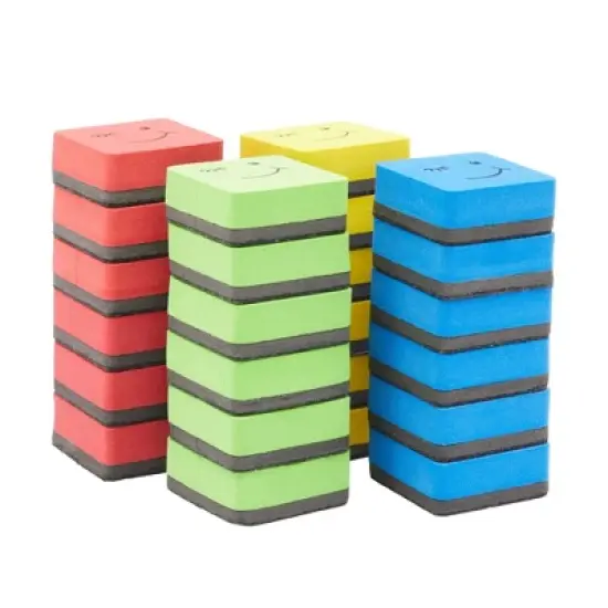 Juvale 24 Pack Magnetic Mini Dry Erase Erasers for Classroom Whiteboard, School Supplies, Smiley Face, 4 Colors, 2 x 0.7 In image {7}