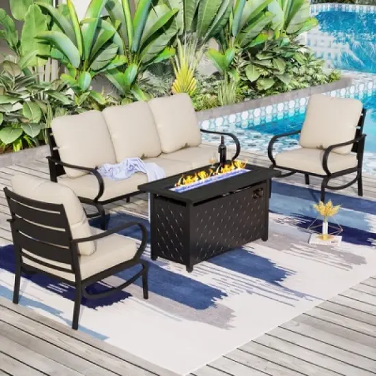 Captiva Designs 4pc Metal Patio seating Furniture Fire Pit Set with Armchairs for Garden Porch Backyard image {8}