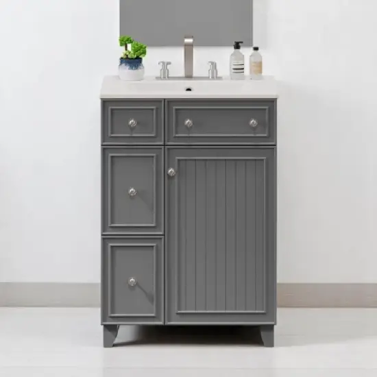 Mshliw 24" Bathroom Vanity with Ceramic Sink, 2 Drawers, Soft-Close Door, Freestanding Cabinet for Small Spaces, MDF and Wood image {19}