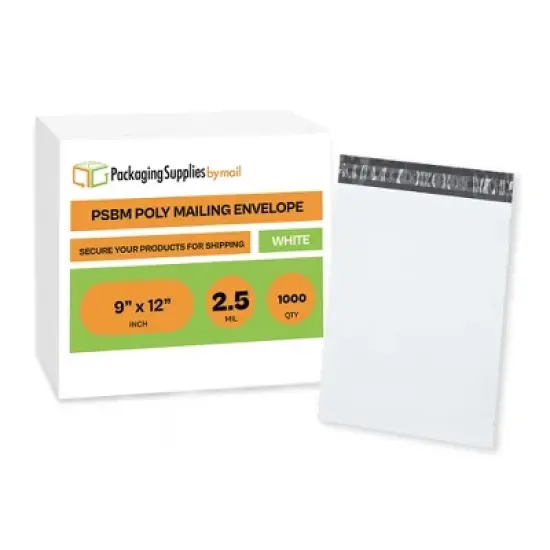 PSBM 1000 9" x 12" 2.5 Mil White Poly Mailers Self Seal for Shipping Small Items image {7}