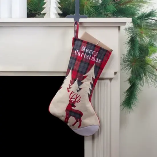 Northlight 19" Green and Red Plaid Reindeer With Forest Trees Christmas Stocking image {1}