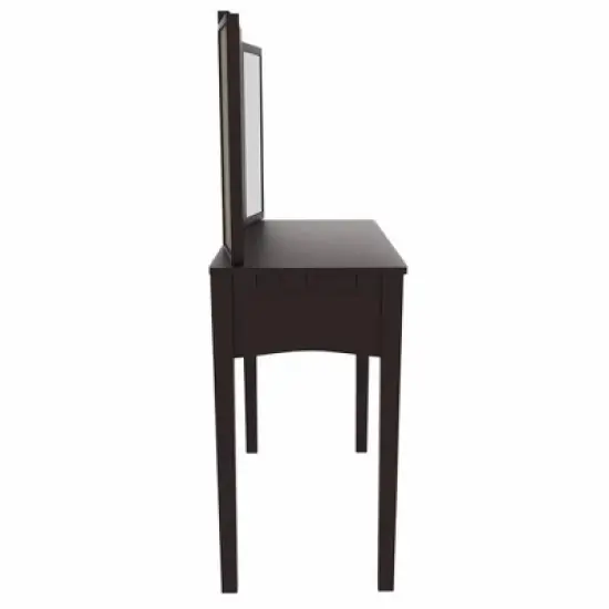 Wooden Vanity Table with 3 Panel Mirror and Padded Stool Brown - Benzara image {2}
