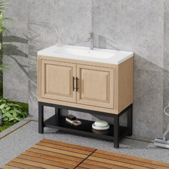 GDFStudio York Indoor/Outdoor Freestanding Magnesium Oxide Bathroom Vanity with Faucet and Ceramic Sink image {1}