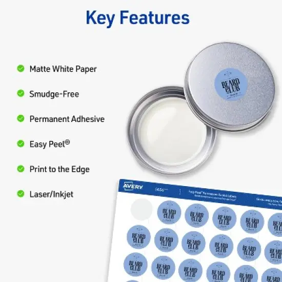 Avery Printable Round Labels with Sure Feed, 1" Diameter, Matte White, Permanent Adhesive, Laser & Inkjet Printers, 1,200 Blank Labels (5656) image {1}