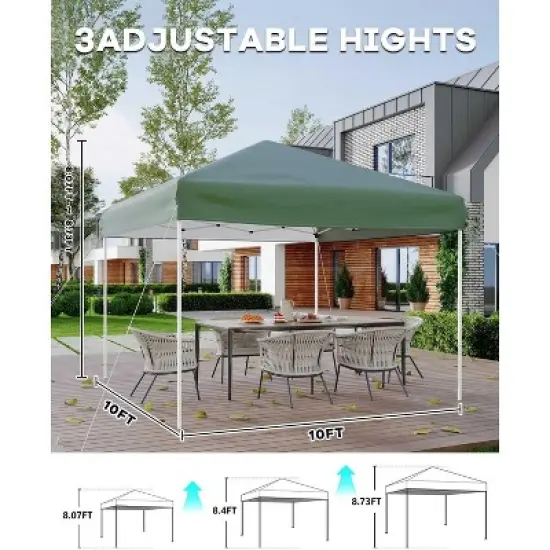 10x10 Pop Up Canopy Tent, Outdoor Canopy Tent with 3 Adjustable Height, Easy Set Up Canopy with 4 Sandbags & Carrying Bag for Camping- Green image {2}