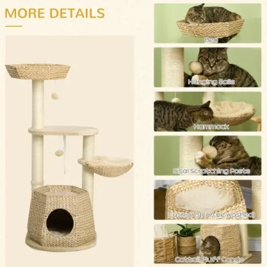 SKYONE 47" Natural Cat Tree with Sisal Scratching Posts, Soft Cushion Beds, Multi-Level Platforms, image {4}