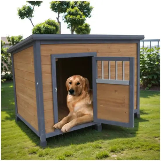 Gulches 45"large solid wood dog house, waterproof PVC plastic roof, breathable wooden doors image {6}