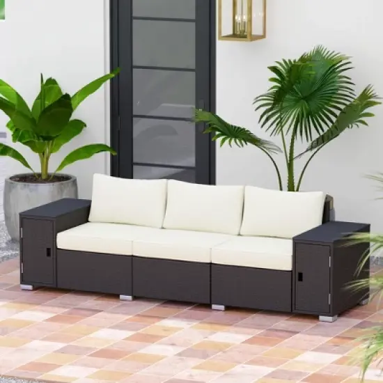 Outsunny Wicker Outdoor Couch with Storage, Thickened Cushions, 3 Seater Patio Sofa with Wide Armrests and Seat for Porch, Garden, Yard image {5}
