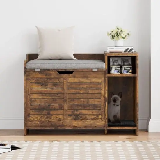 coucheta Top-Opening Hidden Cat Litter Box Enclosure, Disguised Litter Box Furniture Cabinet with Cushion & Storage Shelf, Wooden Pet House Side Table image {8}