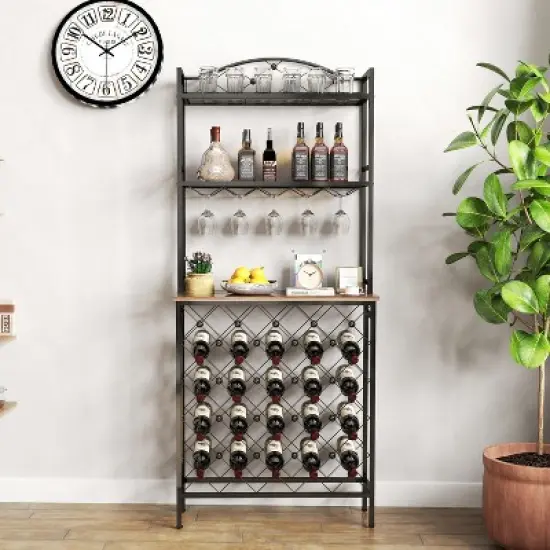 DOMETOUR Industrial Wine Rack Bar Table, 3-Tier Liquor Bottle and Glass Holder with Storage, Metal & Wood Organizer for Home Kitchen & Dining Room image {14}