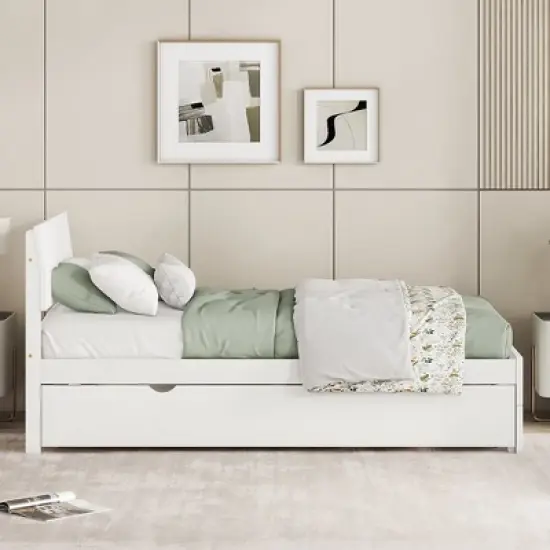 Modern Twin Bed Frame With Twin Trundle, Solid Wood Platform Bed With Headboard, No Box Spring Needed, Wooden Slats Supports, White image {3}