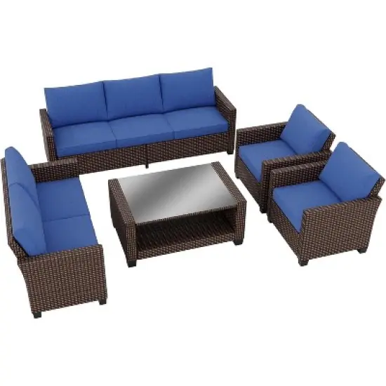 5-Piece Patio Furniture Set &ndash; Outdoor Seating with 7 Seats and Glass Coffee Table, All-Weather Rattan Modular Sofa with Soft Cushions image {7}