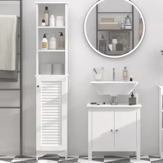 HOMCOM Tall Bathroom Storage Cabinet/Freestanding Linen Tower with 3-Tier Open Adjustable Shelf and Cupboard, White image {2}