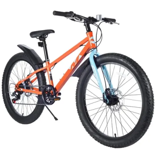 NAYSAYE Bicycle 24 Inch Fat Tire Mountain Bike 7 Speed for Boys and Girls for Beach and Snow, Orange, 64.17"*24.8"*35.04" image {5}
