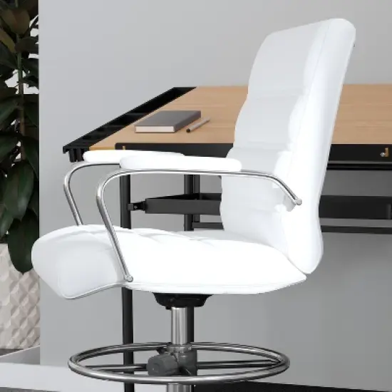 Merrick Lane Mid-Back Drafting Chair with Adjustable Foot Ring Faux Leather Upholstered Swivel Chair with Chrome Base image {5}