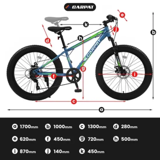 VASIP 24 Inch Fat Tire Mountain Bike - Shimano 7-Speed, Dual Disc Brakes, Front Suspension - for Adults & Youth, Trail/Commuter Bicycle image {5}
