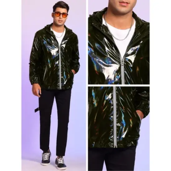 Lars Amadeus Men's Solid Zipper Sparkle Shiny Holographic Hooded Metallic Jacket image {3}
