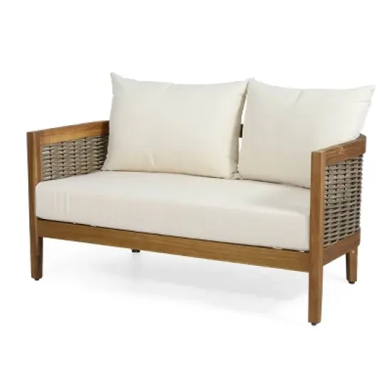 Christopher Knight Home 2pc Burchett Acacia Wood and Rattan Outdoor Loveseat and Coffee Table Set with Cushions image {6}