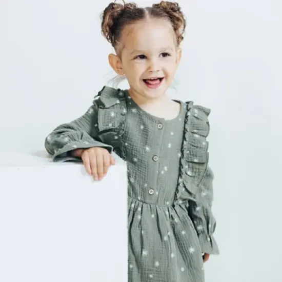 Grayson Collective Toddler Girls' Snowflake Gauze Ruffle Long Sleeve Dress - Green image {4}