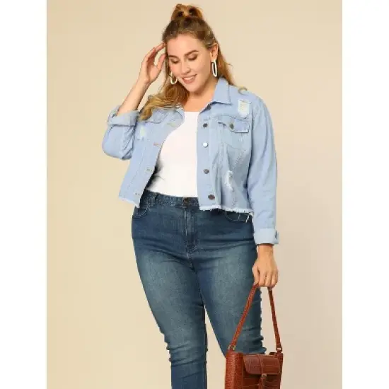 Agnes Orinda Women's Plus Size Washed Ripped Distressed Cropped Frayed Denim Jacket image {2}