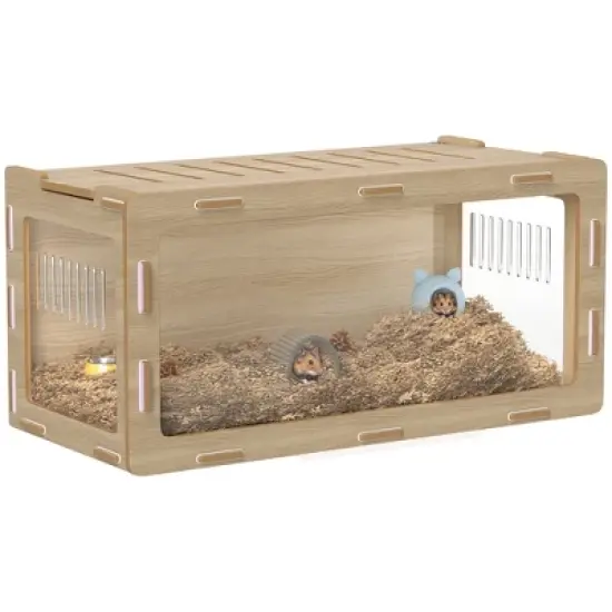 PawHut Hamster Cage, Small Animal Cage with Easy View Acrylic Panels, Air Vents & Openable Roof for Dwarf, Gerbil, Guinea Pig, 39" x 20" x 18.5", Oak image {6}