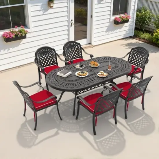 7-Piece Durable Cast Aluminum Outdoor Dining Set - Oval Table & Stackable Chairs Comfortable Red Cushions - Perfect Patio & Backyard Furniture image {10}