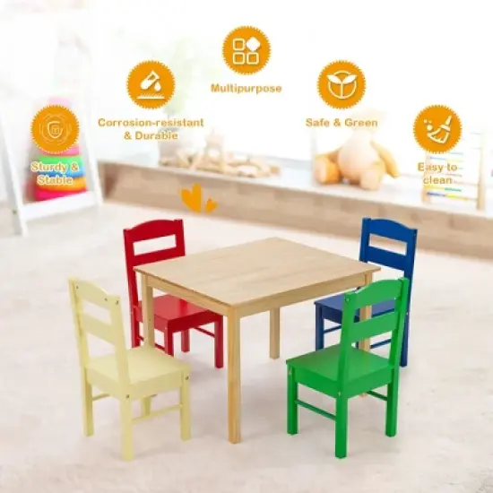Costway Kids 5 Piece Table Chair Set Pine Wood Multicolor Children Play Room Furniture image {5}