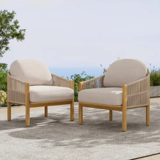 Set of 2 Outdoor Lounge Chairs with Acacia Wood and Rope Woven Back,Modern Patio Chairs with Cushions for Porch or Garden-Maison Boucle image {7}