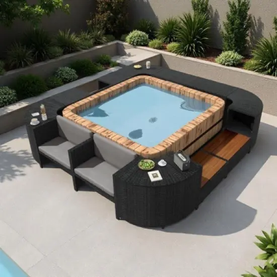 Outdoor Patio Rattan Spa Surround Frame Sofa Set with Storage Spaces and Wooden Bench image {17}