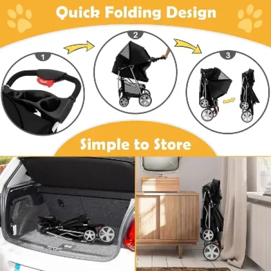 Tangkula 4 Wheels Pet Stroller Folding Cat Dog Stroller W/Storage Basket & Tray Adjustable Canopy All-Terrain EVA Wheels Foldable Cart image {4}