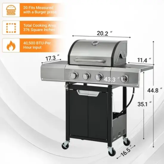 3-Burner Propane Gas Grill in Stainless Steel with Side Burner, Condiment Rack and Built-in Thermometer with Grill Cover image {9}