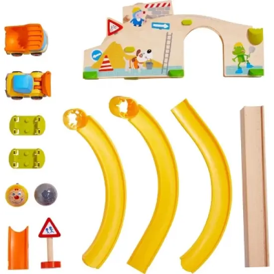 HABA Kullerbu at The Construction Site Play Track - 13 Piece Starter Set with 2 Vehicles and Ball Drop - Ages 2 and Up image {1}